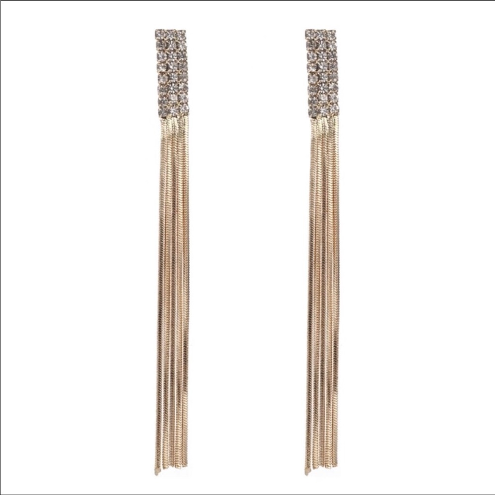 LONG GOLD TONE CHAIN CHANDELIER EARRINGS CRYSTALS